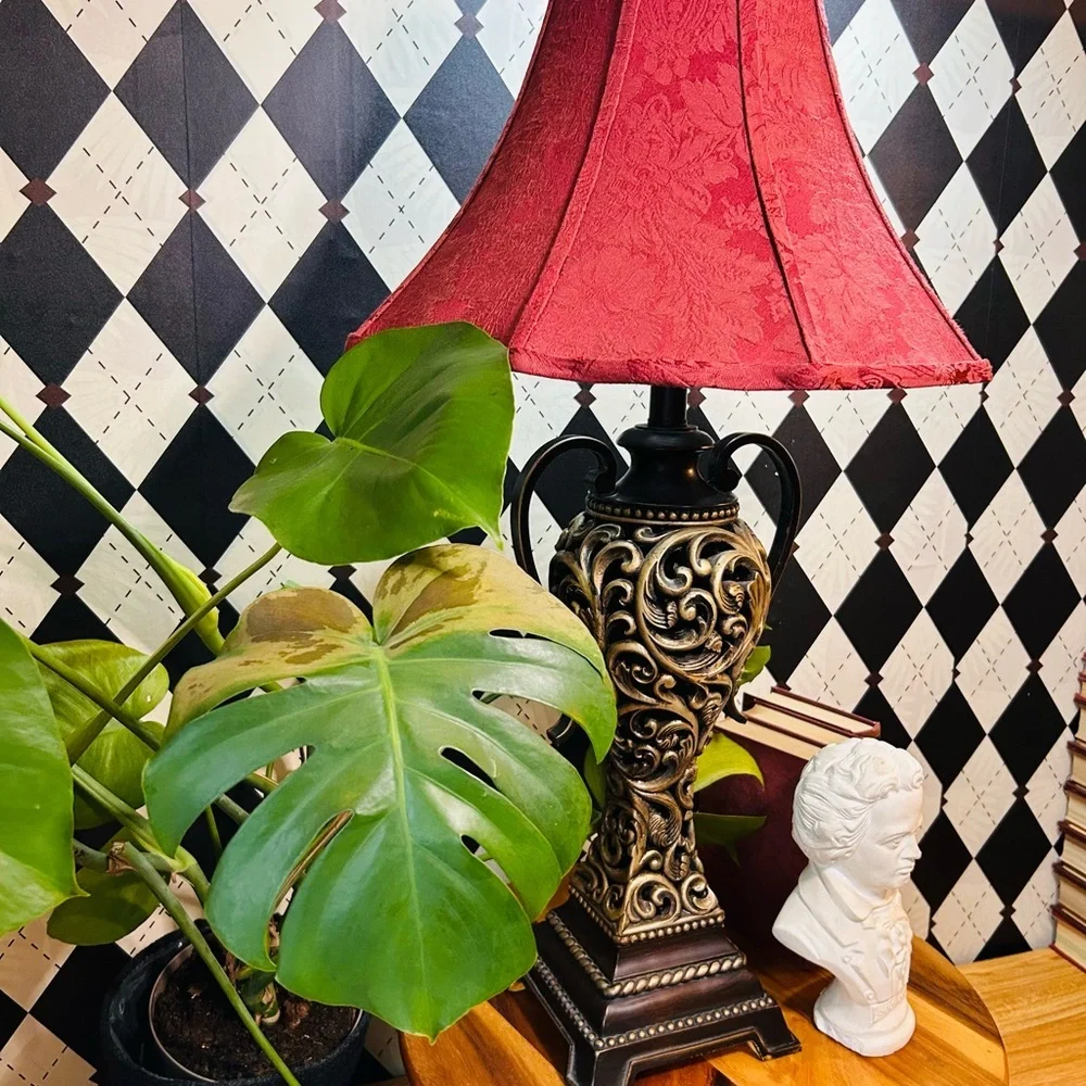 Luxury Vintage Black & Gold Table Lamp with Deep Burgundy‎ Shade Baroque Moody
